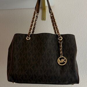 Michael Michael Kors Brown MK Monogram Chain Shoulder Tote